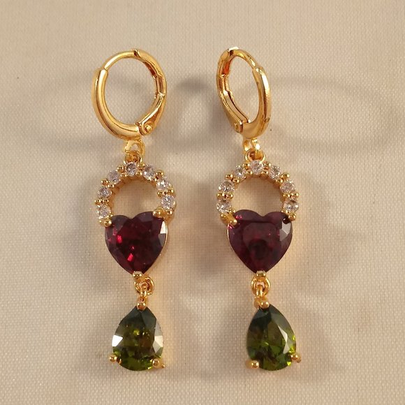 18K Yellow Gold Filled Garnet Red Diamond Zircon Heart Dangle Earrings 1.71ctw - Picture 3 of 4